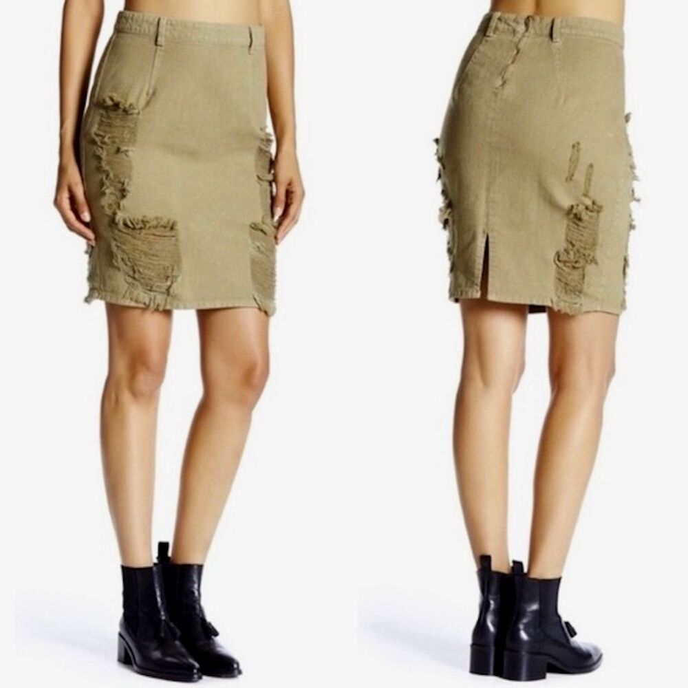 NWT Pistola Heavily Distressed Hi-Rise Bodycon Olive Green Denim Mini Skirt Sz M